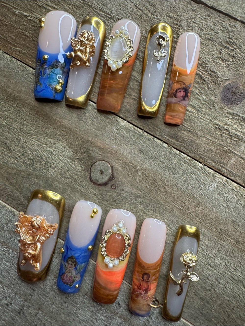 Medium Luxury Angel & Rose Press-On Nails | Gold 3D Charm Set